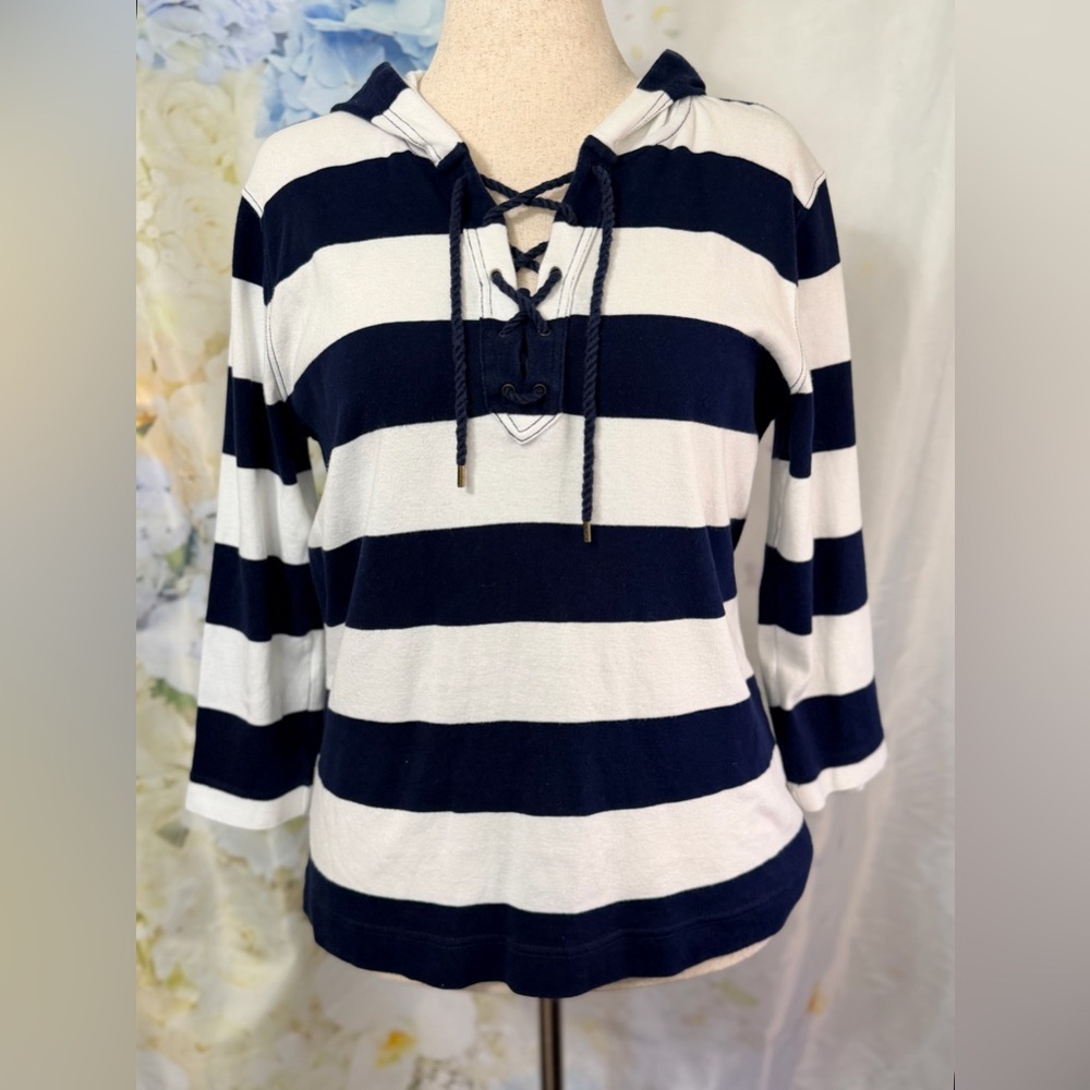 Lauren Jeans Co RL Navy and White Striped Lace-Up Hoodie Vintage coastal Cotton